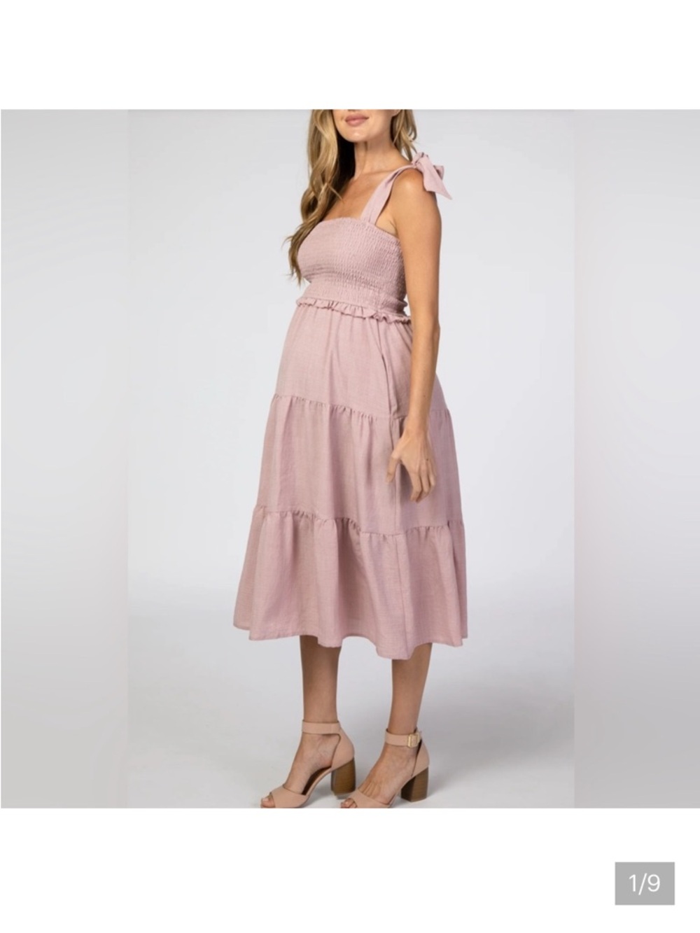Pinkblush Mauve Bow Strap Tiered Maternity Midi Dress Medium